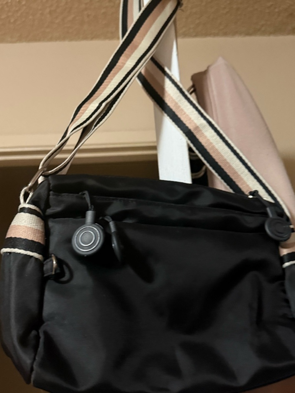 Black Nylon Crossbody Bag with Striped Adjustable Strap